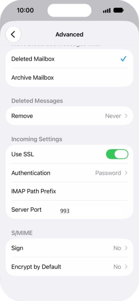 iOS 27:IMAP SSL 與連接埠 993