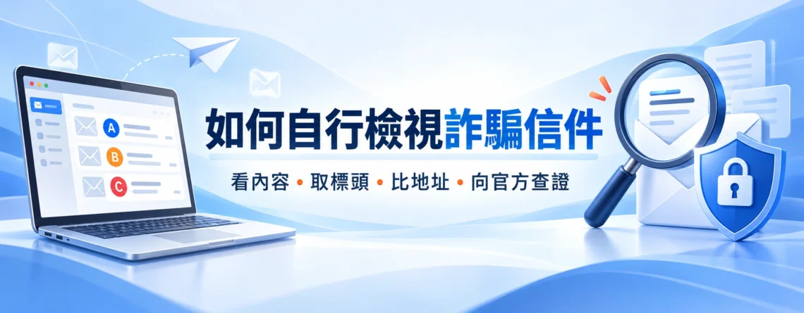 如何自行檢視詐騙信件:看內容、取標頭、比地址、向官方查證,A B C 地址比對概念主圖