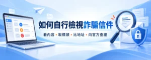 如何自行檢視詐騙信件：看內容、取標頭、比地址、向官方查證，A B C 地址比對概念主圖